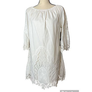 New Cliche Peasant Tunic or Mini Dress in White with Crochet Lace Size Medium